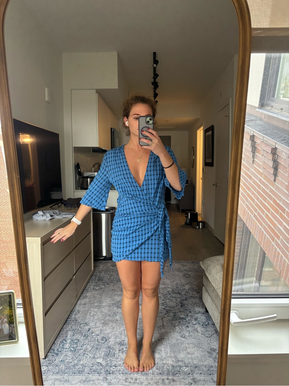 Zara Blue Gingham Wrap Mini Dress
